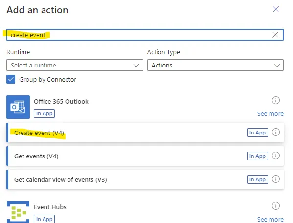 Add the create event action in Microsoft Power Automate