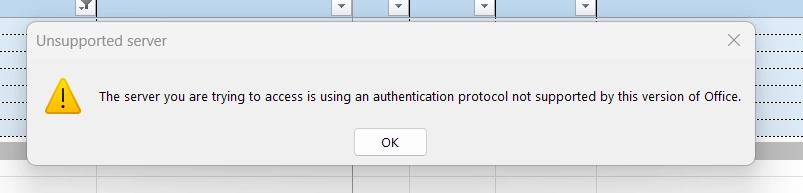 The server you are trying to access is using an authentication protocol not supported by this version of Office.