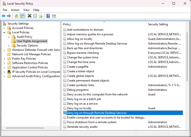 Find Deny log on through Remote Desktop Services.