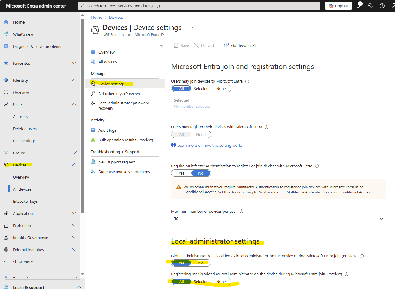 Screen shot of EntraID Entra join settings under devices