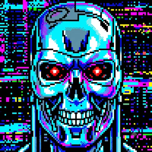 Pixel art Terminator skull with glowing red eyes and glitch effect